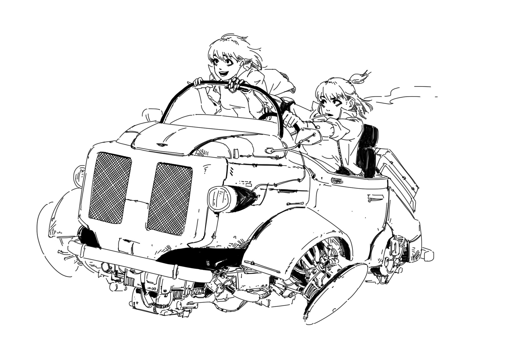 the image is a black and white line drawing of two animestyle girls driving a whimsical, futuristic car. the car has a retro design with steampunk elements, such as exposed gears and mechanical parts. the girls appear joyful and are actively driving the vehicle, suggesting a sense of adventure. the style is dynamic and expressive, conveying motion and energy.