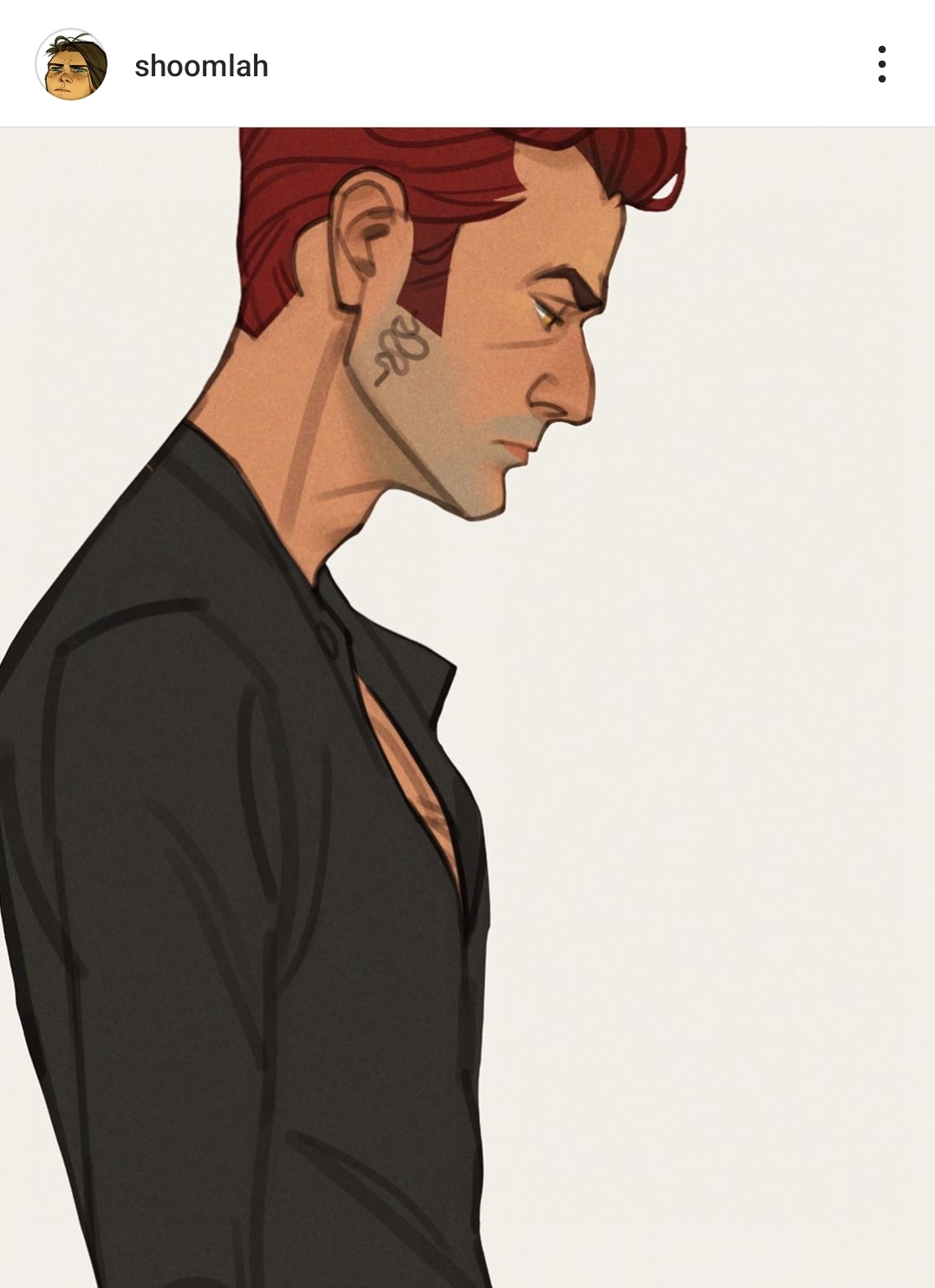 an illustration of a man with red hair, wearing a black shirt and looking down. the man is shown in profile with a snake tattoo on his neck and a scar on his cheek.