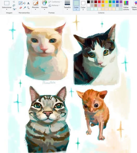 the image shows a digital painting of four cats created using what appears to be ms paint.  the cats are rendered in a painterly style, with visible brushstrokes and a slightly loose, whimsical feel.  there are four distinct cats: a light creamcolored cat, a black and white tuxedo cat, a tabby cat, and an orange kitten.  each cat is depicted against a light blue background accented by sparkling star shapes. the top of the image shows the paint interface, with various tools and color palettes visible. the overall style evokes a cheerful and charming artistic portrayal of pet cats.