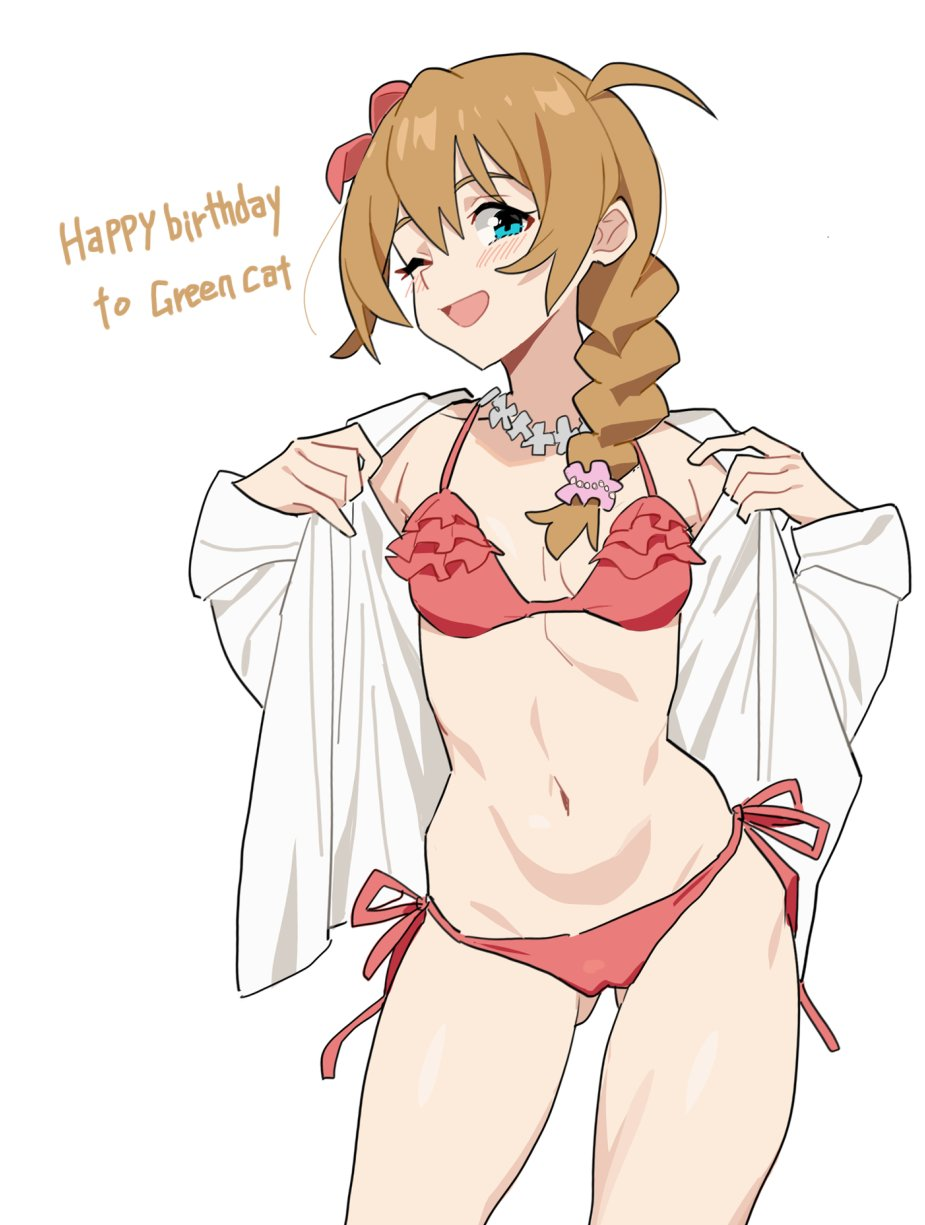 an anime girl with blonde hair in a braid is winking and smiling while wearing a pink bikini and a white shirt. she has a pink bow in her hair and a white necklace with a pink flower charm. text "happy birthday to green cat" is shown on the top left corner of the image.