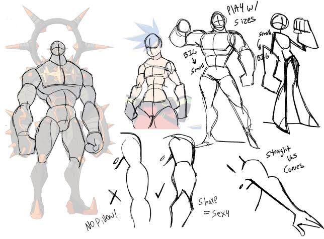 the image is a collection of concept sketches and anatomy studies related to character design, likely for a video game or animation.  it shows several figures in various poses and sizes.  there are studies focusing on body proportions, including comparisons of big and small figures.  there's also attention paid to muscular structure, with examples of how straight lines versus curves affect the overall look and feel of a figure, and how that can be used to achieve a more "sexy" look. the sketches range from basic body forms to more detailed character concepts with added details.  one character in particular is a large, muscular figure with a spiked halolike design.  the style appears to be a blend of anime/manga influences with more exaggerated proportions. the notes on the page further clarify the artist's intentions and thought process.