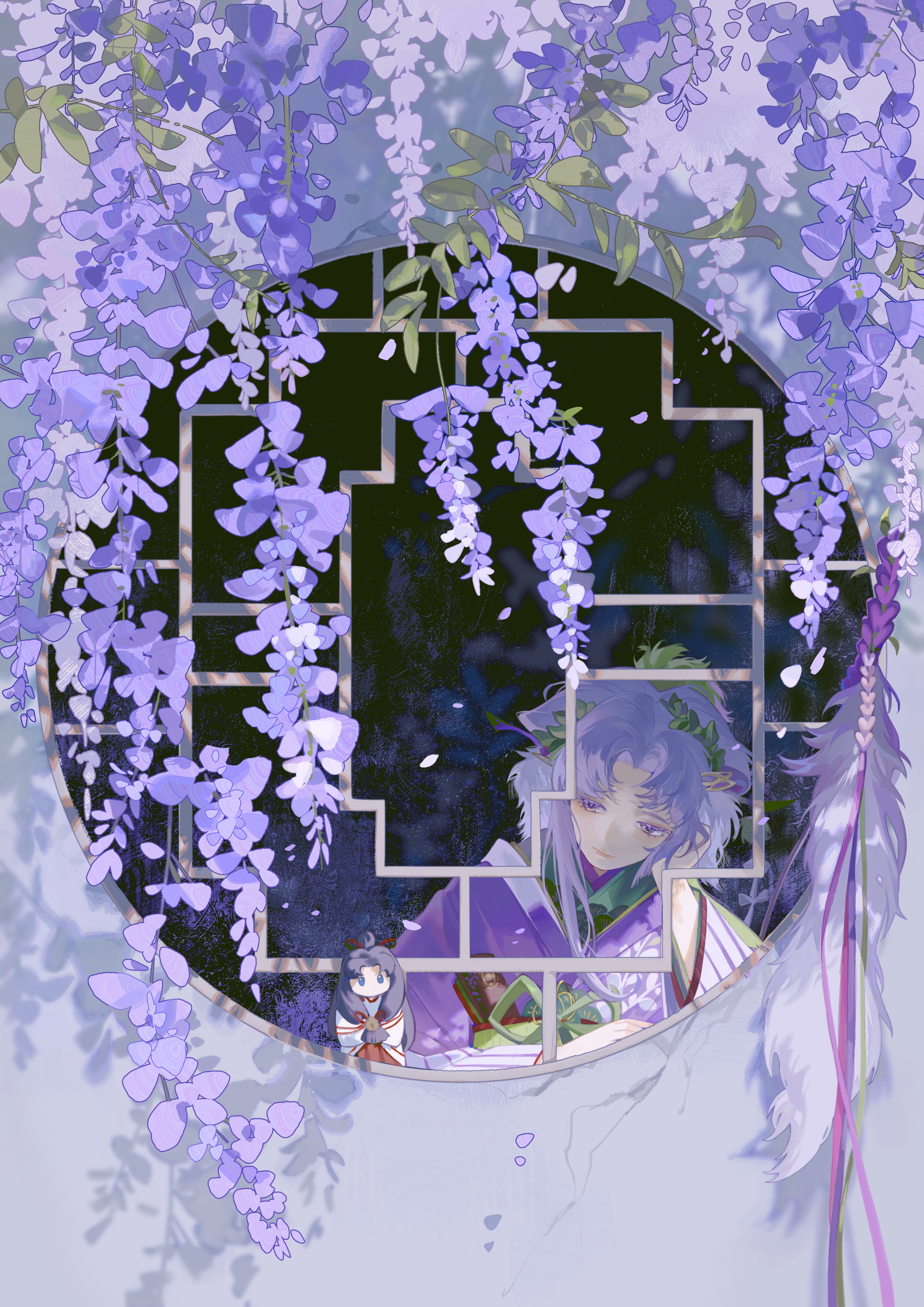 the image is an anime illustration of a girl with long purple hair in a purple kimono looking out of a window. the window is framed by wisteria flowers, and the background is a soft pastel purple. the image is full of beautiful details and creates a dreamy, peaceful atmosphere. the girl is wearing a traditional japanese kimono, and her hair is styled in a traditional japanese way. the wisteria flowers are a common symbol of beauty and elegance in japanese culture, and they add a touch of elegance to the image. the image creates a magical, mystical atmosphere, and it is a beautiful example of anime art.