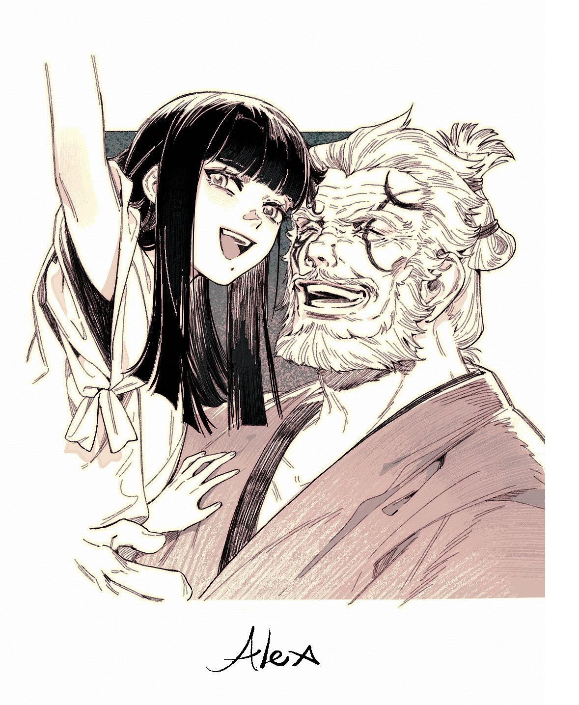 this is a digital artwork of an anime style drawing of a man and a woman. the woman has long black hair, large eyes, and is smiling. she is wearing a white dress. the man has long white hair and a beard. he is wearing a dark blue kimono. the couple is looking at each other and smiling. they seem to be happy. the background is a white blank space. the signature of the artist is at the bottom of the image.