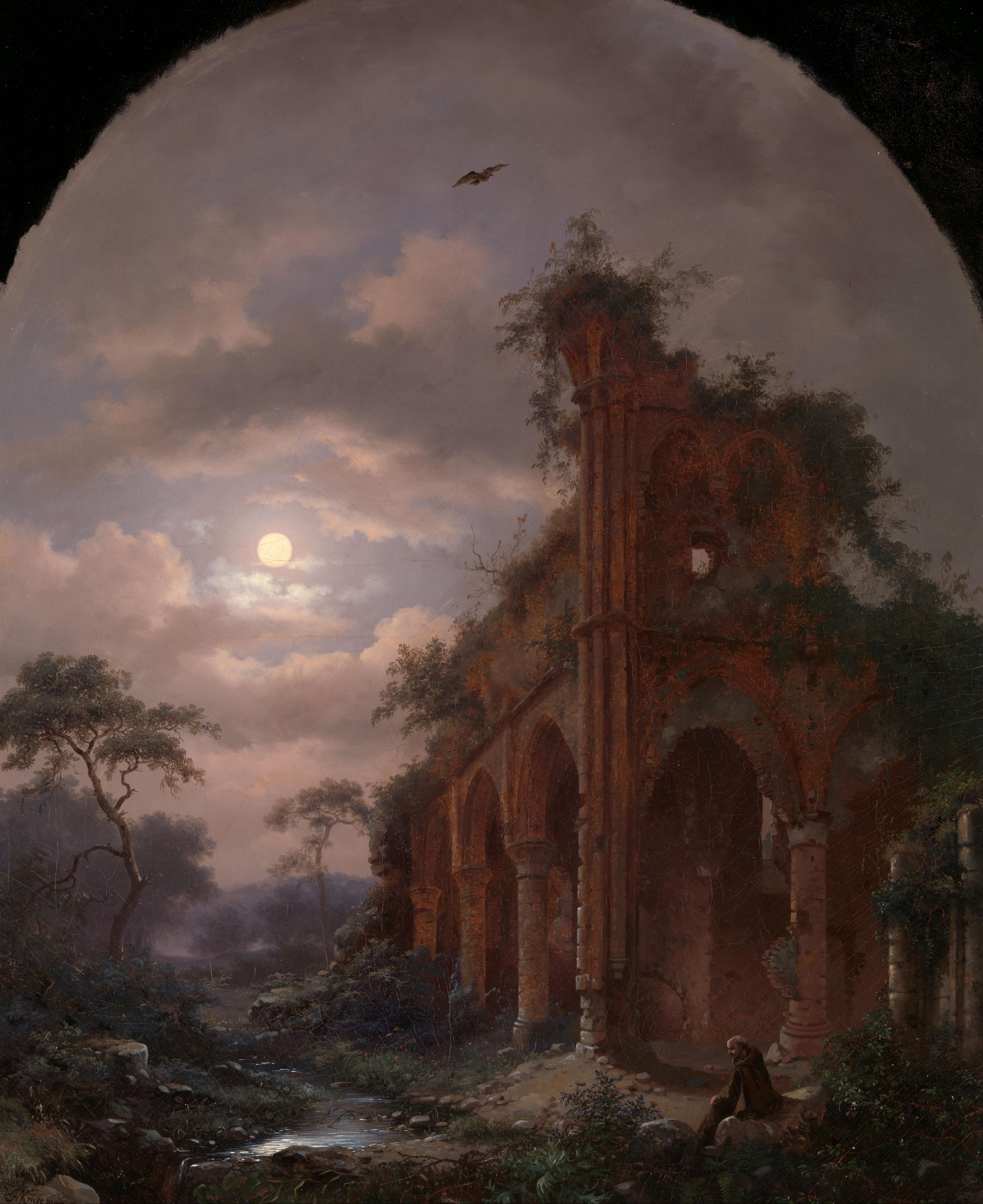 an oil painting depicting overgrown ruins under a cloudy sky with a full moon. a figure sits on a rock by a stream in the foreground, with trees on the left and the ruins on the right. a bird flies in the sky.