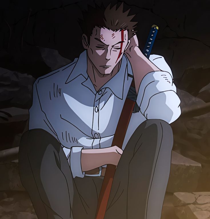 a battleworn man with short brown hair and a scar across his left eye sits contemplatively amidst rubble in a dimly lit cave. he wears a white buttondown shirt with rolledup sleeves and dark pants. his solemn gaze suggests exhaustion and perhaps defeat. his right hand rests on a long, redhandled sword, partially obscured by his body. the scene is dramatically lit, highlighting the man's features and the texture of the surrounding rocks.