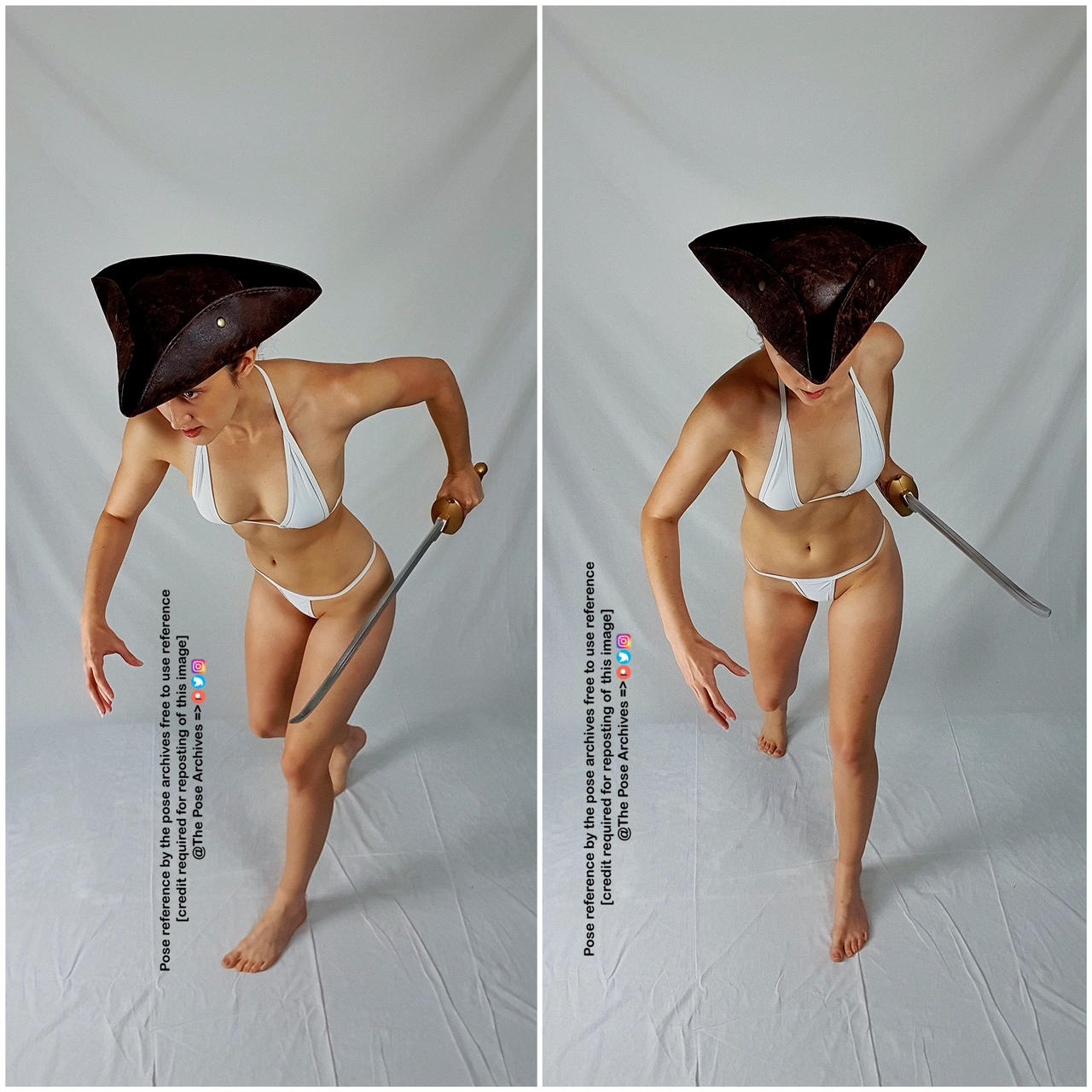 the image shows a woman in a white bikini and a brown pirate hat, posing dynamically against a white background. she holds a sword in her right hand, her body angled as if she's midmotion. the image is a diptych, showing two slightly different frames of the same pose. this is a reference image for artists, as indicated by the text overlay. the lighting is even and artificial, typical of a studio setting.