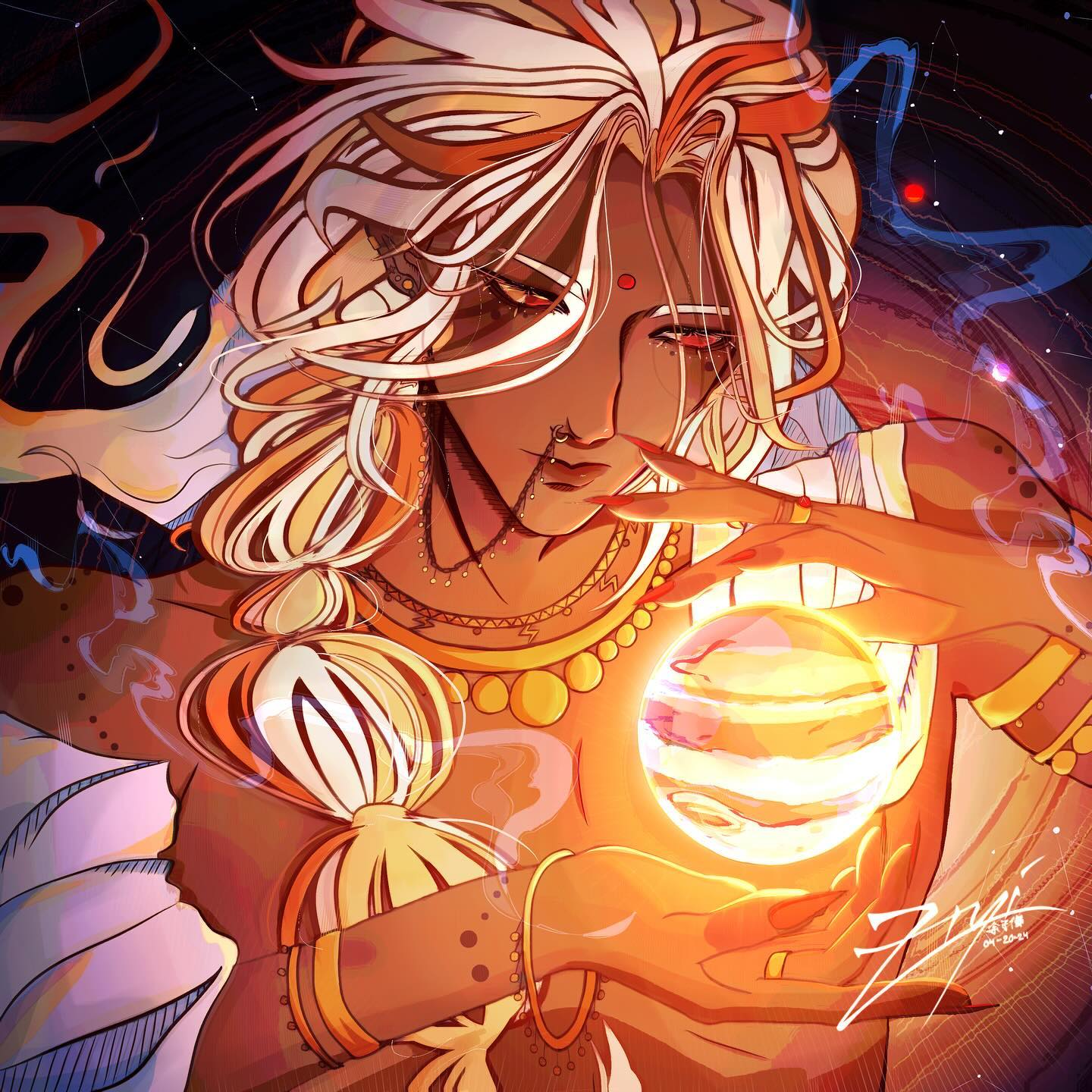 the image is a vibrant digital painting of an androgynous figure, possibly a deity or mystic, with long, flowing golden and orange hair. they possess dark brown skin and are adorned in elaborate gold jewelry. the character is holding a glowing orb, reminiscent of a planet, which radiates warm, celestial energy. the background features a cosmic scene with stars and nebulae, enhancing the mystical atmosphere.  the overall style is dramatic and detailed, with a focus on both the character's expressive face and the intricate designs of their clothing and jewelry. the character appears pensive, as if contemplating the cosmic energy they wield.