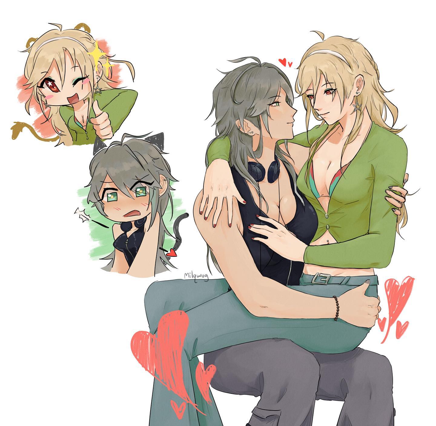 he image is a digital drawing or fanart depicting a scene of two animestyle girls intimately embracing.  one girl with grey hair is being held by another with blonde hair.  the blonde girl is wearing a green cardigan and jeans. the grey haired girl is wearing a black top. the style is soft and cute with hearts and chibilike expressions in the background.  smaller images of the girls in different poses appear to the left. the overall feeling is one of affection and romantic love between the two female characters.