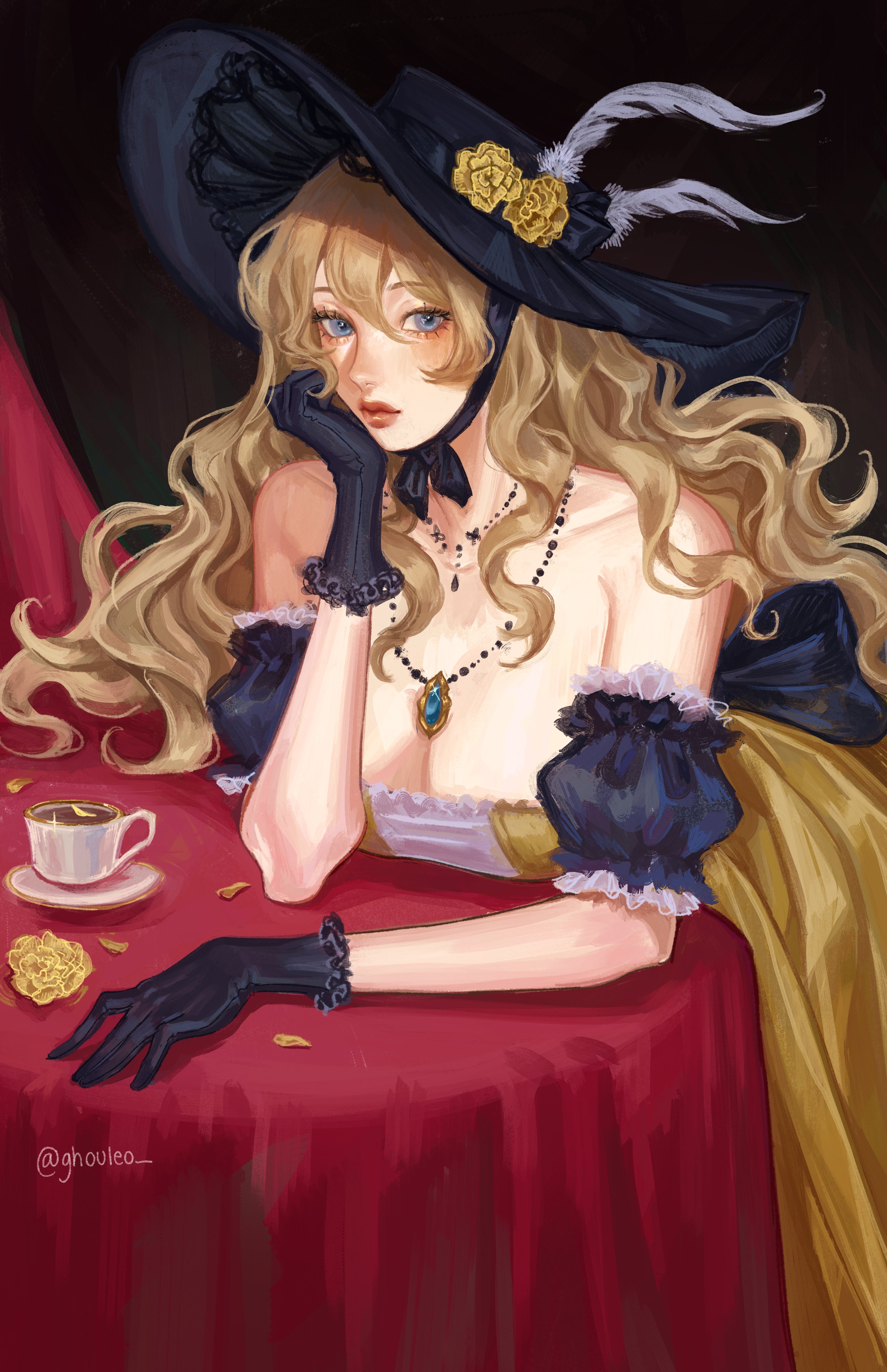 the image is a beautiful digital painting of a young woman with blonde hair, wearing a black hat adorned with feathers and flowers. she is dressed in a white and blue dress with a lace trim, and black gloves. she has a delicate necklace with a blue pendant around her neck. she is seated at a table with a red tablecloth, and there is a teacup and saucer on the table in front of her. the woman's expression is soft and contemplative, and she appears to be lost in thought. the overall style of the painting is elegant and romantic, with a touch of mystery. the colors are rich and vibrant, and the details are exquisite.