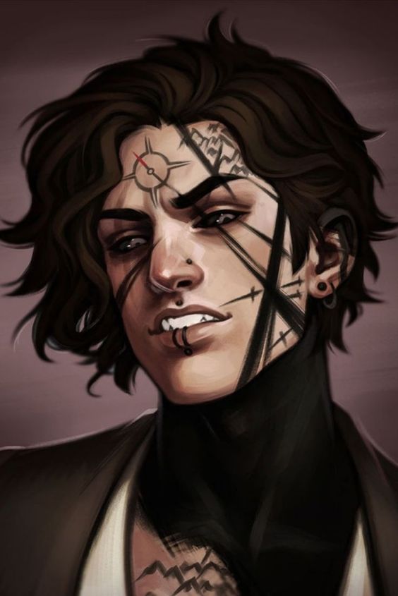 the image is a digital illustration of a young man with a striking appearance. he has dark brown, slightly messy, mediumlength hair and sharp features. his most prominent features are the intricate black tattoos that cover his face, neck, and chest. the tattoos resemble geometric patterns and lines, with a notable circular design on his forehead. he also has several piercings, including a septum ring and multiple ear piercings. the man has a confident, almost challenging expression with a hint of a smirk. the background is a simple, dark color, drawing focus to the subject.