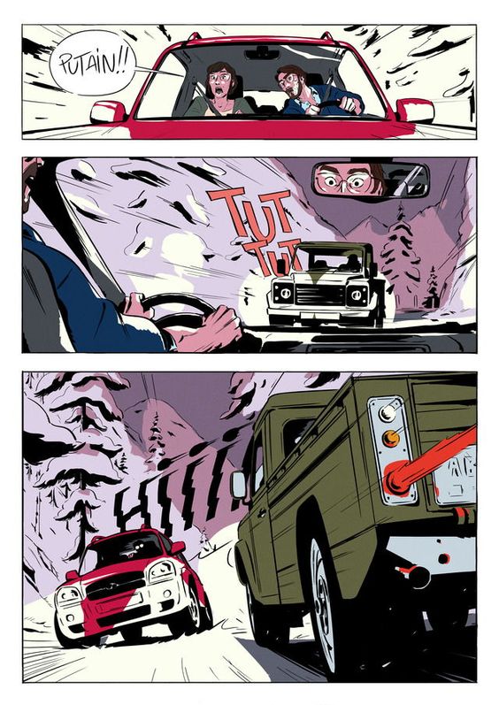 this is an illustration from a comic book. there are three panels, each depicting a different scene in a car chase. the first panel shows two people in a red car, the driver says "putain!!". the second panel shows the driver's perspective as they are being chased by a green truck. the third panel shows the truck overtaking a red car and driving fast. the background of the image is a snowy mountain road.
