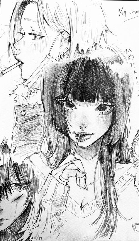 a detailed pencil sketch depicts a group of young women, possibly animeinspired characters. the focus is on a central figure, a girl with long, straight black hair styled with blunt bangs,  who is holding a lollipop or similar object. she has a slightly melancholic or pensive expression.  the style is reminiscent of manga or anime art, characterized by large expressive eyes and detailed hair. the other women in the sketch are partially visible, suggesting a group portrait or a scene with multiple individuals. the overall feel of the sketch is expressive and emotive, emphasizing line work and shading to create texture and depth. the artist's style leans towards realism in facial details, despite being a clearly drawn illustration. a cigarette is visible in the mouth of a woman in the background. the overall tone is somber and atmospheric.