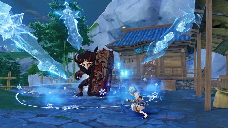 the image is a screenshot from the popular action rpg video game genshin impact. it depicts a player character, small and slender with light blue hair, engaging in combat with a large, demoniclooking enemy. the enemy resembles an oni or yokai, with dark red skin, horns, and a wooden shield.  the battle is taking place near a japanesestyle shrine or temple in a snowy, mountainous environment. the player character is wielding cryo elemental magic, conjuring large ice shards and snowflake effects which are attacking the oni. the scene showcases the game's vibrant graphics, detailed environments, and dynamic combat system.