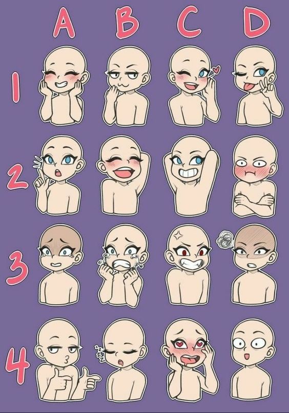 the image is a grid of animestyle facial expressions for artists to use as a reference. each row represents a different emotion and each column shows a variation of that emotion. the expressions range from happy and shy to angry and embarrassed.