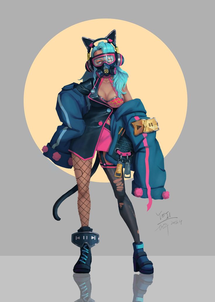 this is a digital illustration of a female anime character with cat ears, headphones, and a gas mask. she is wearing a black jacket with blue accents, a pink top and black pants with ripped holes in the knees. she has black hair and blue eyes and is standing with her left leg slightly bent. she has a long black cat tail. she is standing in front of a yellow moon.