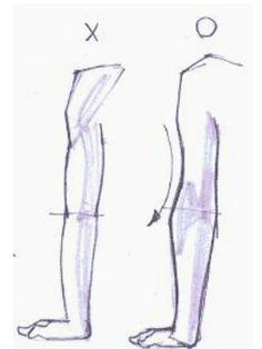 this is a sketch showing how to draw legs from a side view. it shows the incorrect way with an x and the correct way with an o. the incorrect leg is completely straight while the correct one has a slight bend.