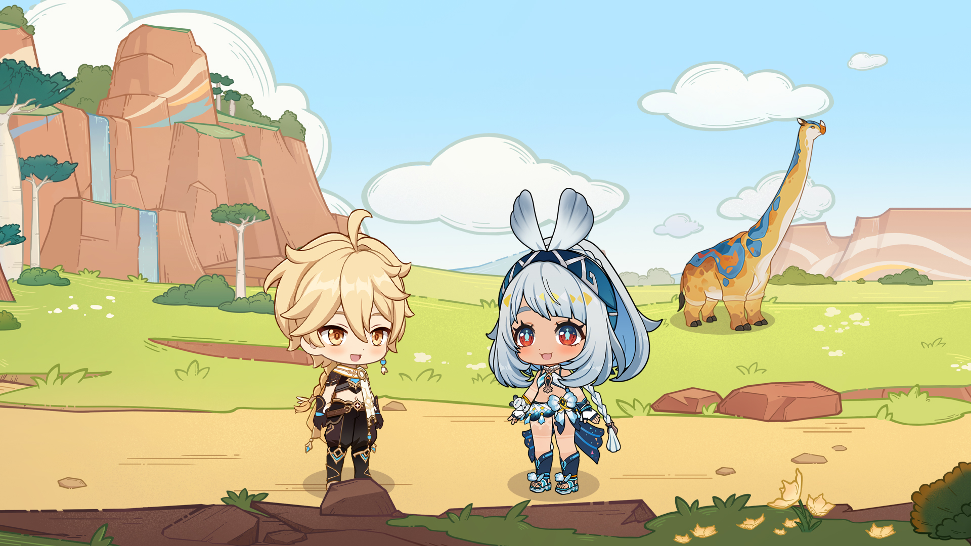 a cute cartoon image of two chibi characters, a boy and a girl, standing in a grassy field with a large mountain and a giraffe in the background. the characters are both smiling and look like they are enjoying their time together. the boy is wearing a black and gold outfit and the girl is wearing a blue and white dress. the scenery is lush and green, with flowers and trees scattered throughout.