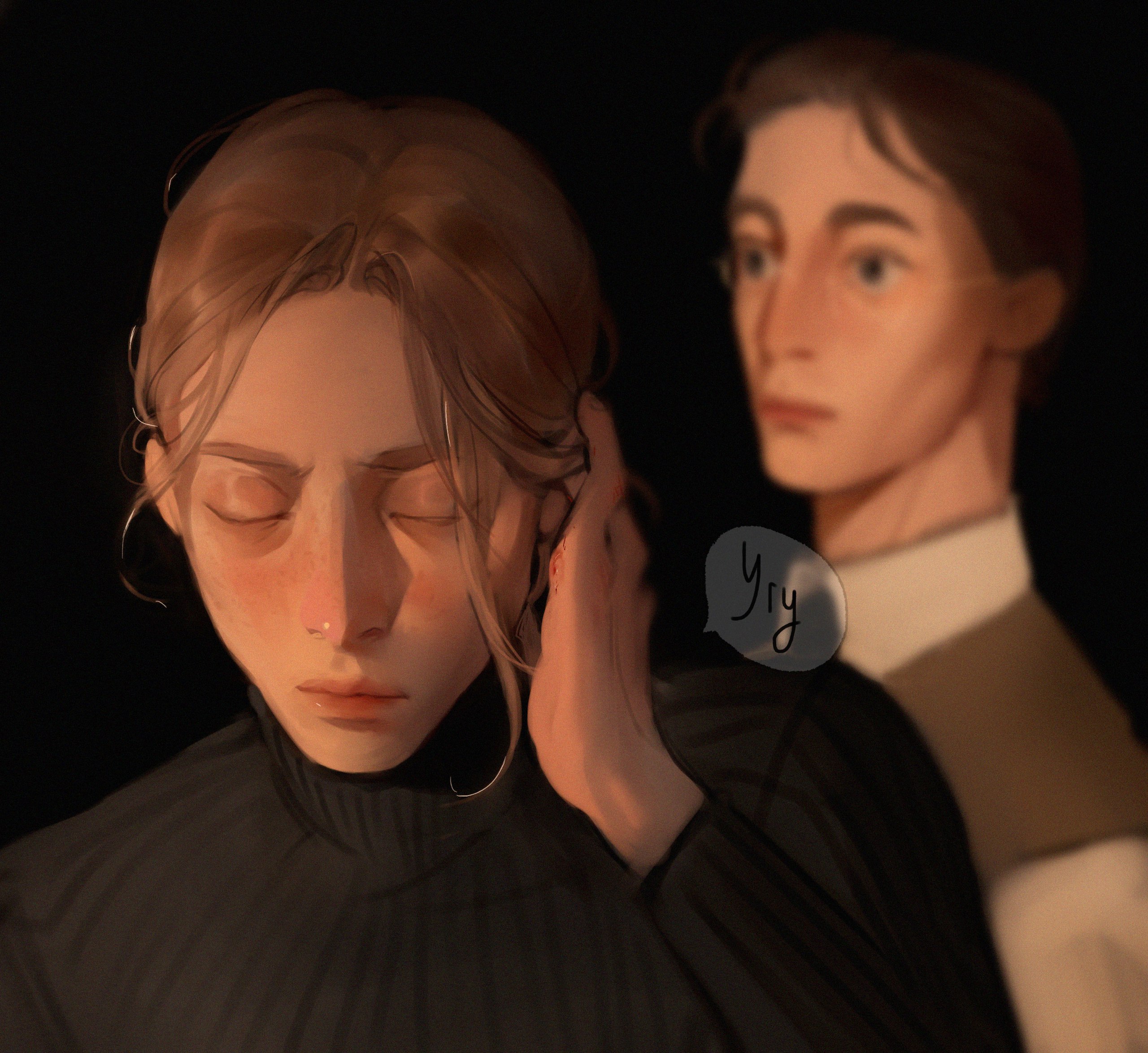the image shows a portrait of two men. the background is dark, and the only source of light appears to be from the left side, giving the image a candlelit feel. the lighting is warm and highlights the figures. the man in the front has his eyes closed and is being gently touched on the cheek by the man behind him. the man in the back is out of focus