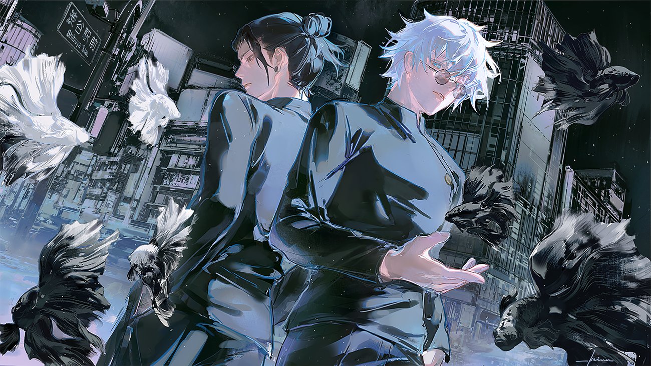 he image is a digital painting or illustration in an anime/manga style, depicting a stylish young couple standing against a backdrop of a futuristic, cyberpunkesque cityscape at night. the man has silver hair, glasses, and is wearing a dark, almost black, longsleeved shirt.  the woman has dark hair pulled back in a bun and wears a similar dark, longsleeved top.  they both have a somewhat serious or expressionless demeanor. the background is detailed, showing tall buildings and incorporates stylized black and white betta fish, or siamese fighting fish, swimming around them.  the overall aesthetic is dark, mysterious, and elegant, with a strong emphasis on contrast and texture.  the art style is highly detailed and expressive, with a focus on light and shadow to create depth and mood.