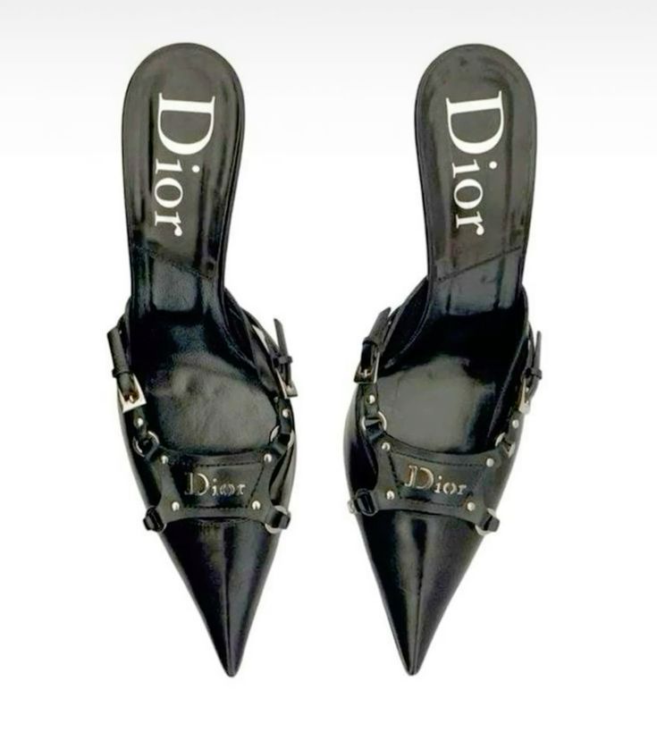 a pair of black leather, highheeled, pointedtoe shoes by christian dior. the shoes are stylish and sophisticated, perfect for a formal occasion.