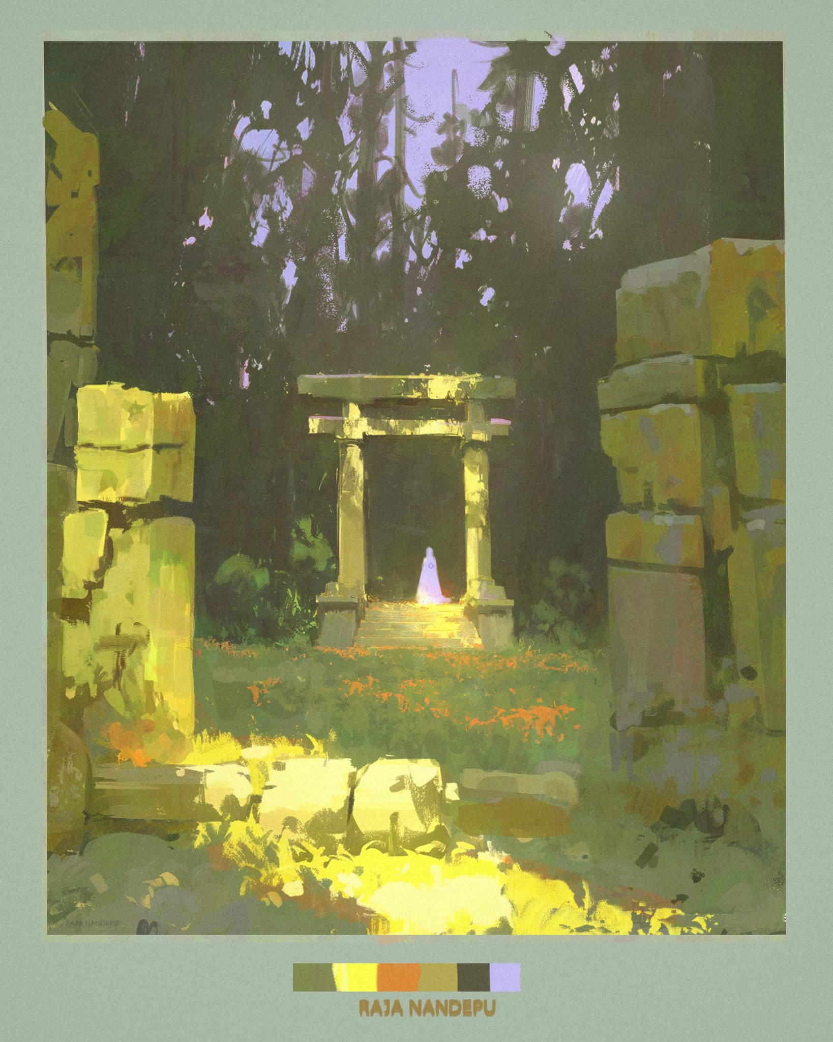 the image is a digital painting that depicts a serene and mystical scene. in the foreground, there are overgrown ruins made of stone, with sunlight illuminating the area. the ruins appear to be an old temple with a gate or archway leading to a forest beyond. the forest is thick with trees and lush green foliage, suggesting a sense of mystery and wonder. the sunlight filtering through the trees adds to the overall ethereal feel of the painting. there is a hazy, almost dreamlike quality to the image, which could be due to the soft colors and the blurred edges of objects. the artist has created a peaceful and evocative atmosphere that draws the viewer into the scene and invites them to imagine the stories that unfold within the ruins.