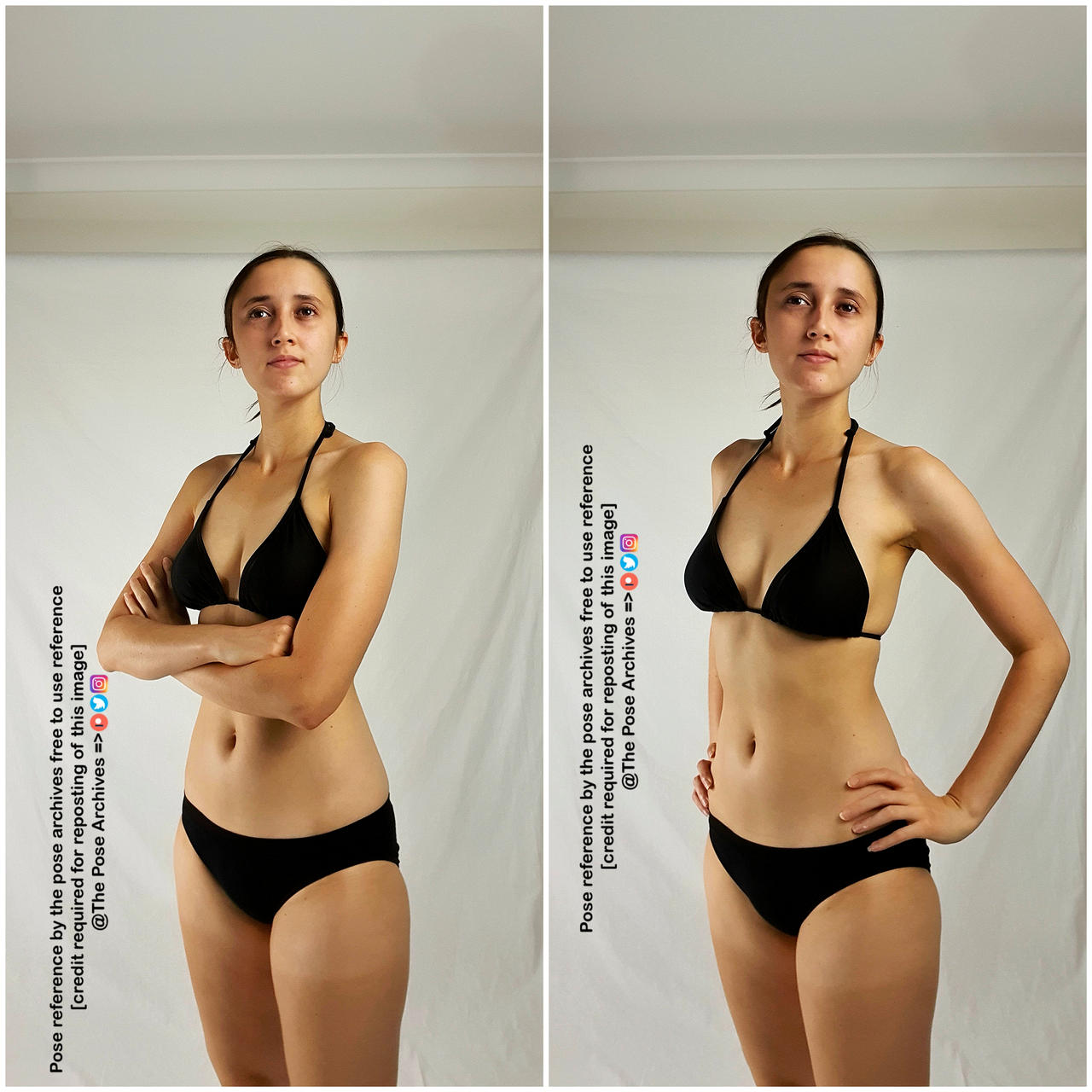 a woman in a black bikini is posing for a reference photo against a white background. in the left image, she has her arms crossed. in the right image, she has her hand on her hip.