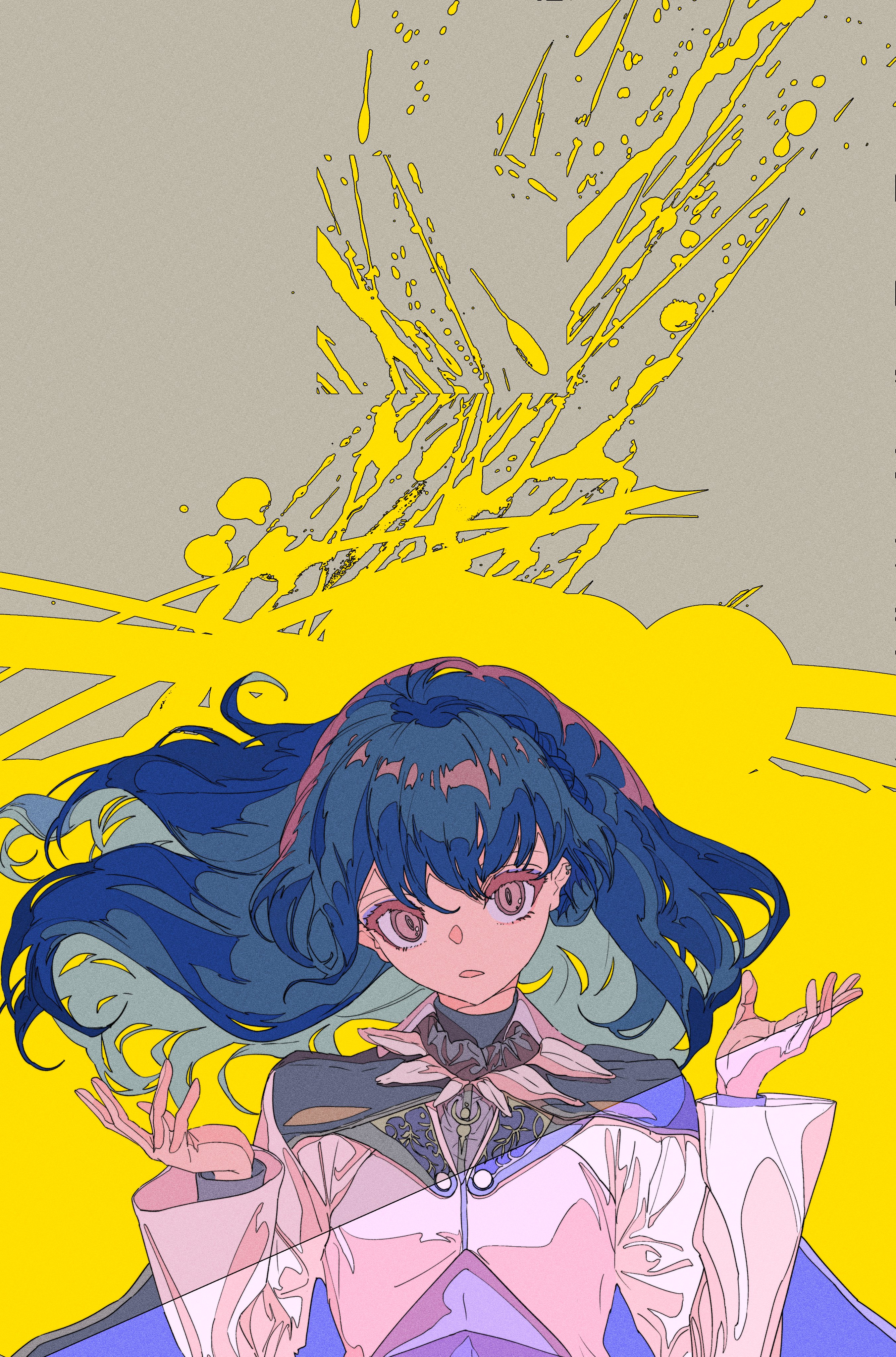 he image is a digital illustration of an animestyle girl with long, flowing blue hair. she is positioned centrally, her body slightly angled, and her arms outstretched. her expression is one of slight surprise or alarm. the girl is wearing a lightcolored coat with intricate detailing on the collar and a darkcolored inner garment. the background is a striking yellow, with an abstract splash of yellow paintlike textures suggesting a burst or explosion. the art style is stylized, characterized by bold lines, vibrant color palettes, and a dynamic composition. the overall aesthetic is reminiscent of both manga and digital illustration styles, creating a piece that is both visually striking and emotionally expressive.