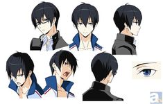 the image is a character design sheet for an animestyle male character. it features six different views of the character's head and shoulders, as well as a closeup of his eye. the character has short, black hair and blue eyes. he is wearing a white shirt with a blue collar and a black jacket. the background is white.