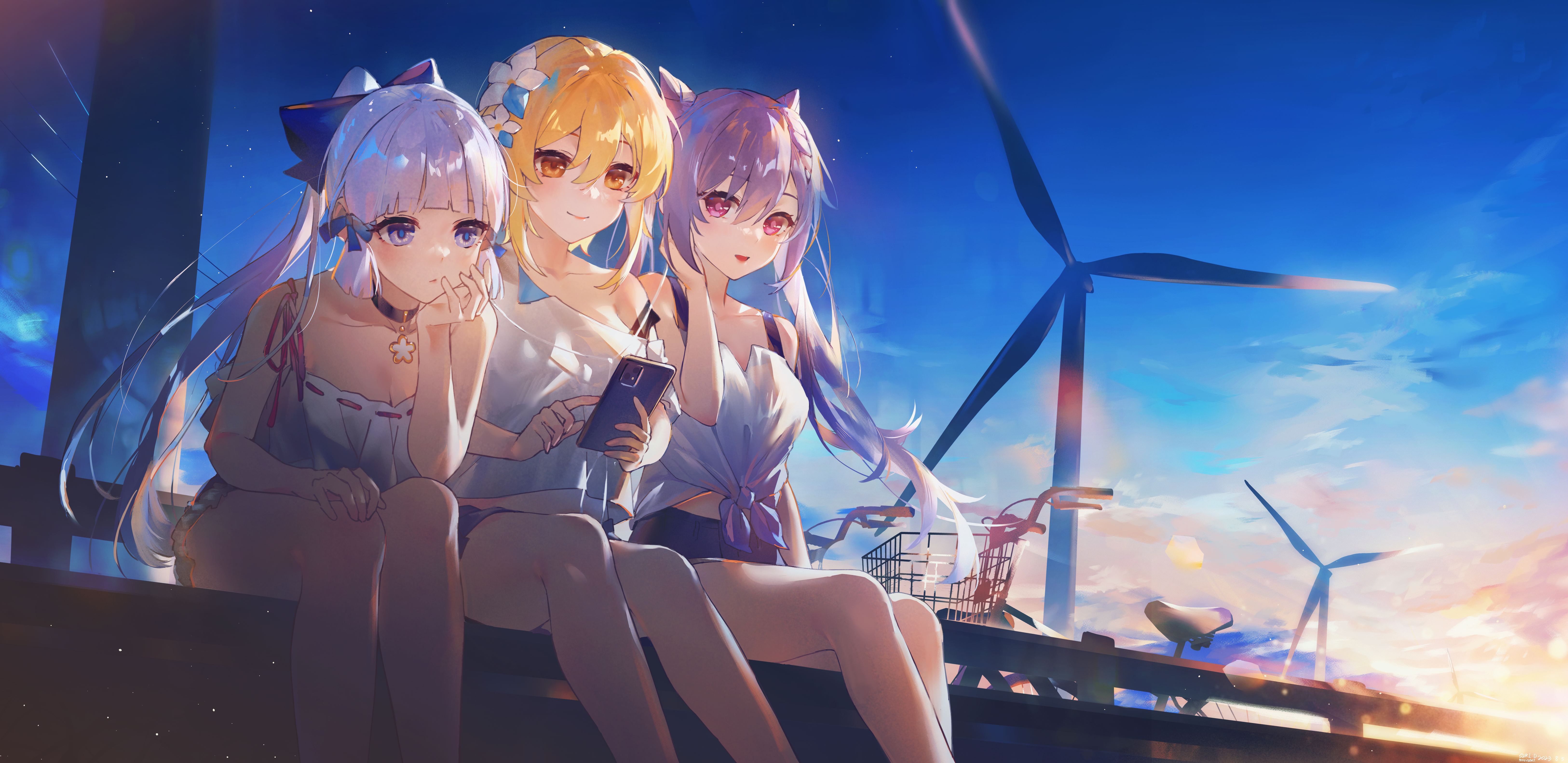 the image depicts three anime girls sitting together on a railing outdoors.  the setting is a scenic landscape with wind turbines visible in the background and a beautiful sunset sky. one girl has blonde hair, one has purple hair, and one has white hair. each girl has unique features and a bow in their hair. they appear friendly and happy, possibly enjoying their time together.  one girl is holding a cellphone. the overall style is a soft, painterly digital art with bright, vibrant colors. the scene is peaceful and idyllic, creating a summery feel.