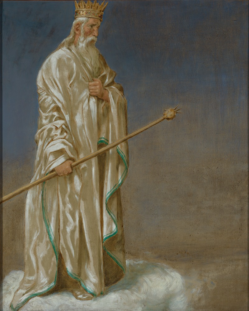 the image is a painting of an old man standing on a cloud. he is wearing a white robe and a crown. he is holding a scepter in his right hand. the background is a blue sky. the man appears to be a deity or king figure. it's a full body portrait with religious undertones.