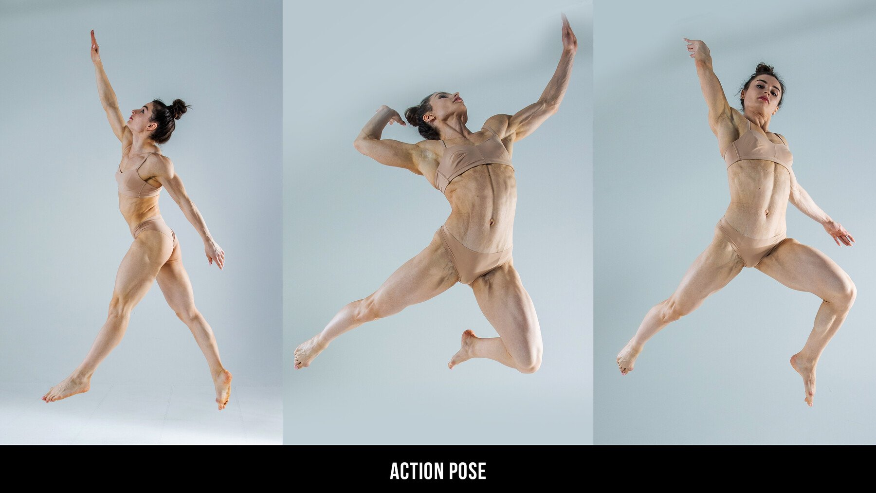 a woman is jumping in the air, showing off her strong and toned muscles. she is wearing a nudecolored sports bra and underwear. the background is a solid grey. she is in an action pose, showing off her flexibility and athleticism.