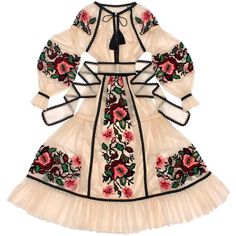 this is a vintagestyle dress with long sleeves and a floral embroidery pattern. it's a sheer, delicate garment with lace detailing, a romantic vibe, and a traditional ukrainian folk inspired design. the dress is perfect for a wedding or special occasion.