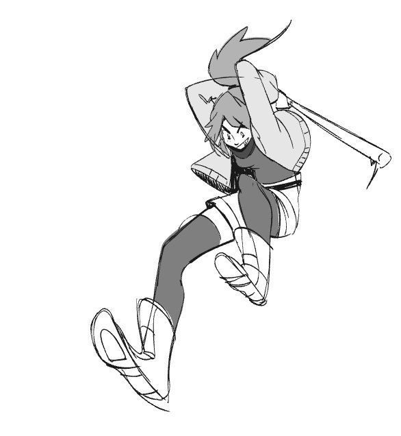 a black and white sketch of a girl in a dynamic action pose. she's midjump, swinging a bat with a determined expression. she's wearing a hoodie, shorts, and kneehigh boots. the style is loose and energetic.