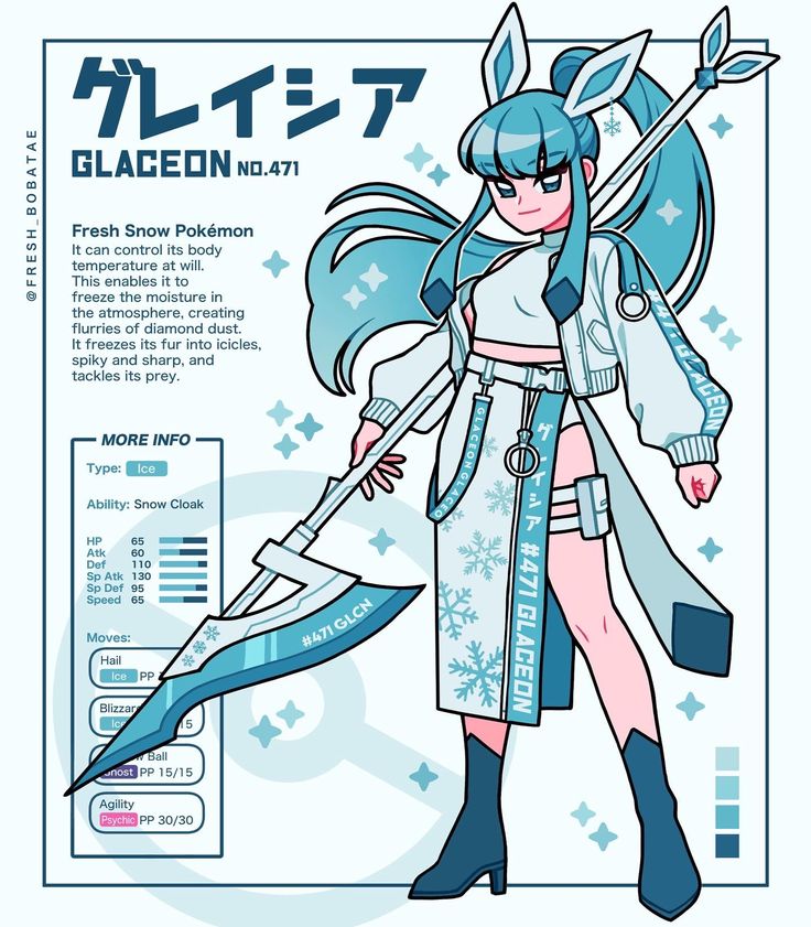 this is a digital illustration of glaceon, a pokémon character, drawn in anime style. the image is set against a blue background, with snowflakes, and shows a female character in a white outfit with black boots and a blue iceaxelike weapon. the image also includes stats for the character.