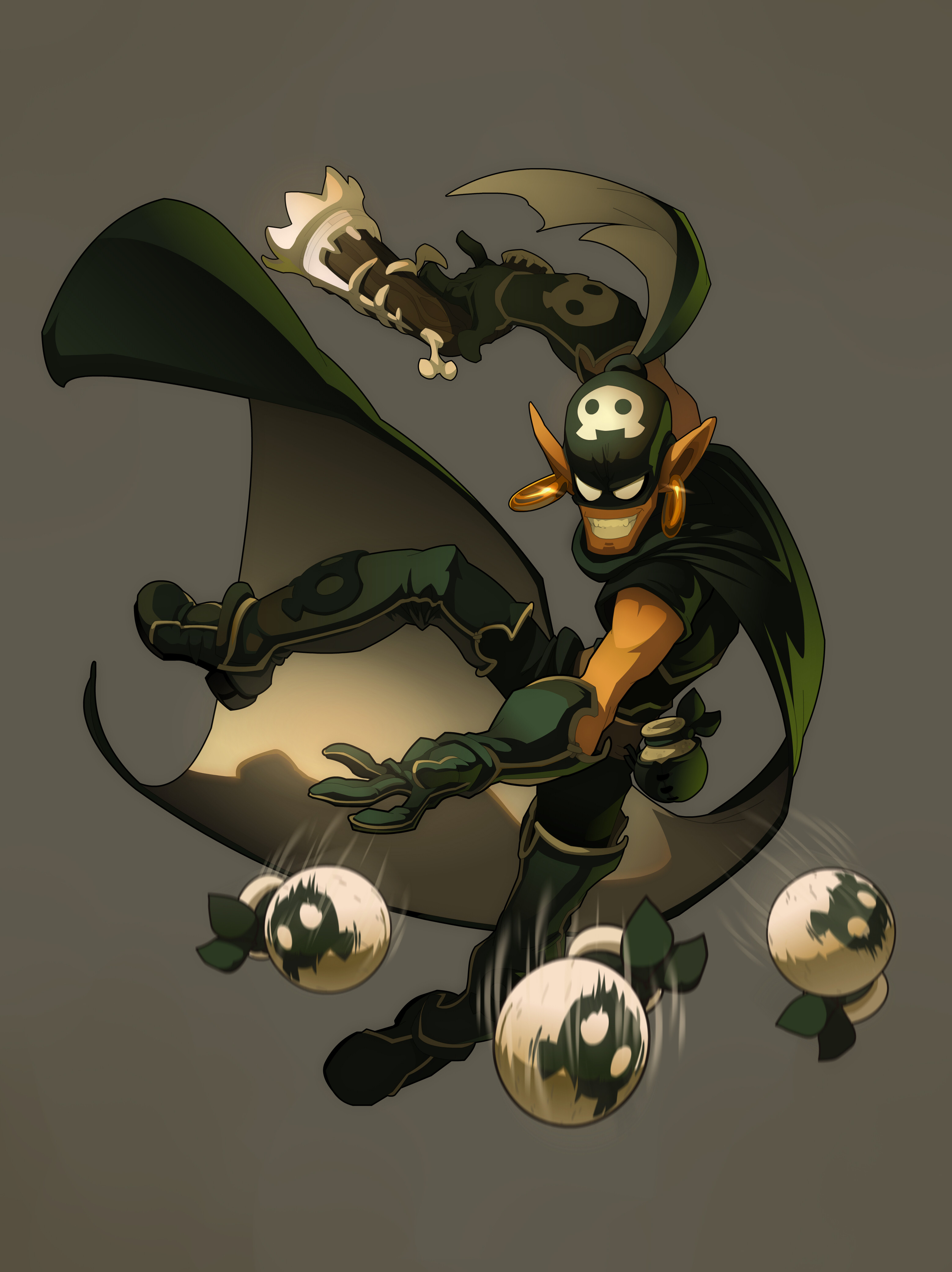 an illustration of a green elf warrior holding a weapon and ready to attack. he has a green cape and a skull mask. the background is a gray color.