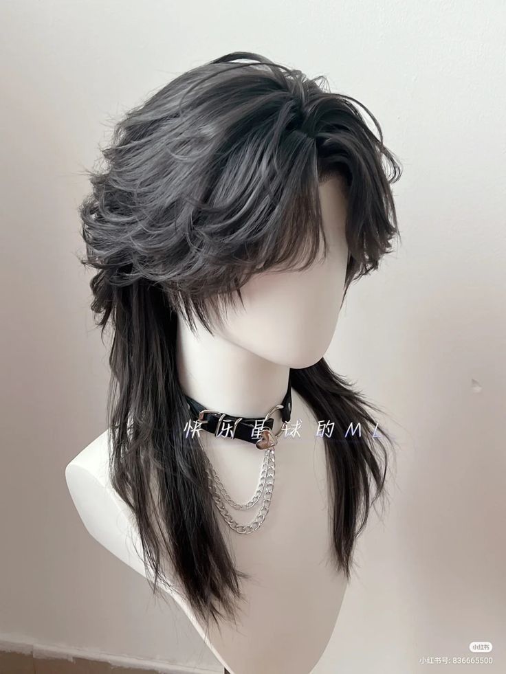 a mullet wig is displayed on a mannequin wearing a black choker with silver chains.