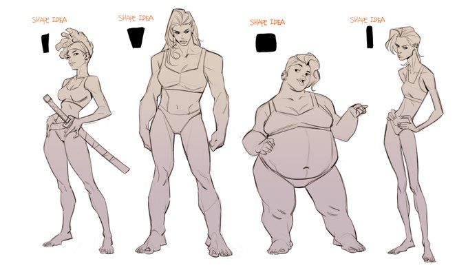 the image shows four sketches of different female characters with varying body types and shapes, accompanied by the text "shape idea" and a corresponding simple shape above each figure. the characters are drawn in a stylized, cartoonish manner, each wearing minimal clothing (underwear) and standing in different poses. the first character is holding a sword, suggesting a warrior archetype. the second is muscular and strong. the third is a plussize figure, while the fourth is very thin. the image appears to be an anatomy study focusing on diverse body shapes and sizes in character design.