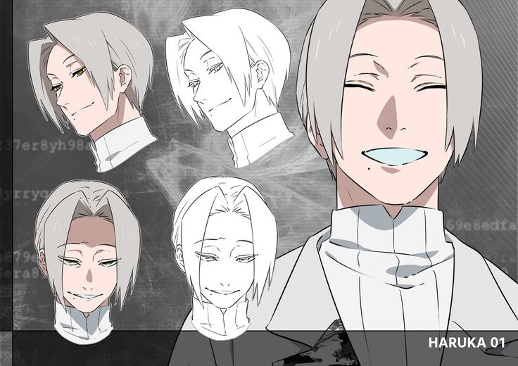 this is an anime character design for a male character named haruka. the design is in black and white, and shows the character from different angles, with a smiling face and closed eyes. there is also a line art version of the character. the design is on a white background.