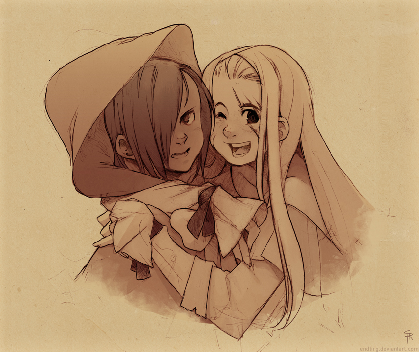 the image is a sepiatoned drawing of two young girls embracing. the girl on the left, wearing a hooded cloak, has a playful smirk on her face while the other girl beams brightly. their hug suggests a close bond of friendship. the style of the drawing evokes a vintage feel.