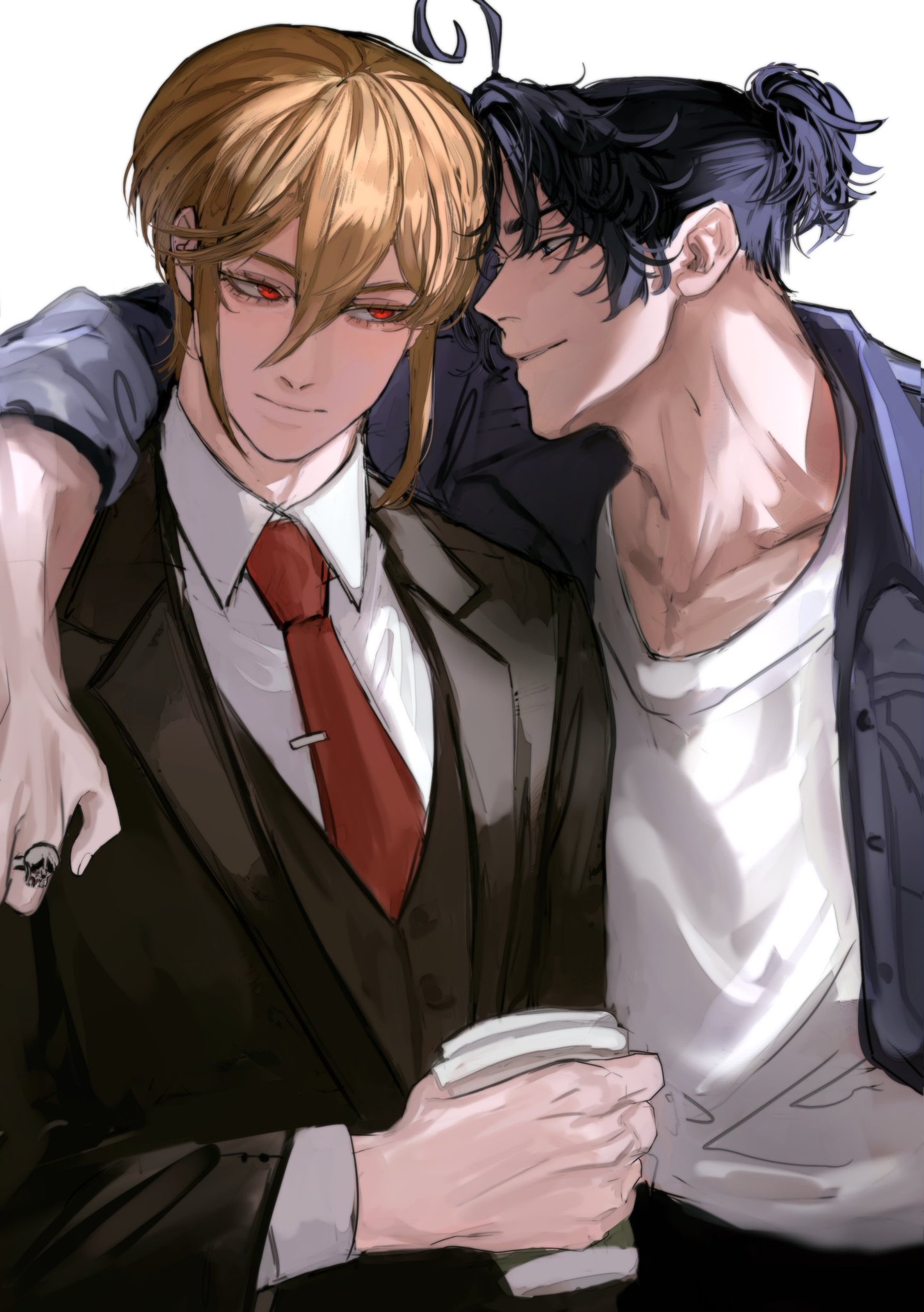the image shows two men standing close to each other. the man on the left is wearing a suit with a red tie. the man on the right is wearing a casual jacket with a white shirt. the man on the left is looking at the man on the right, who is smiling. the man on the right is holding a coffee cup. their hands are touching. they appear to be very close and affectionate with each other.