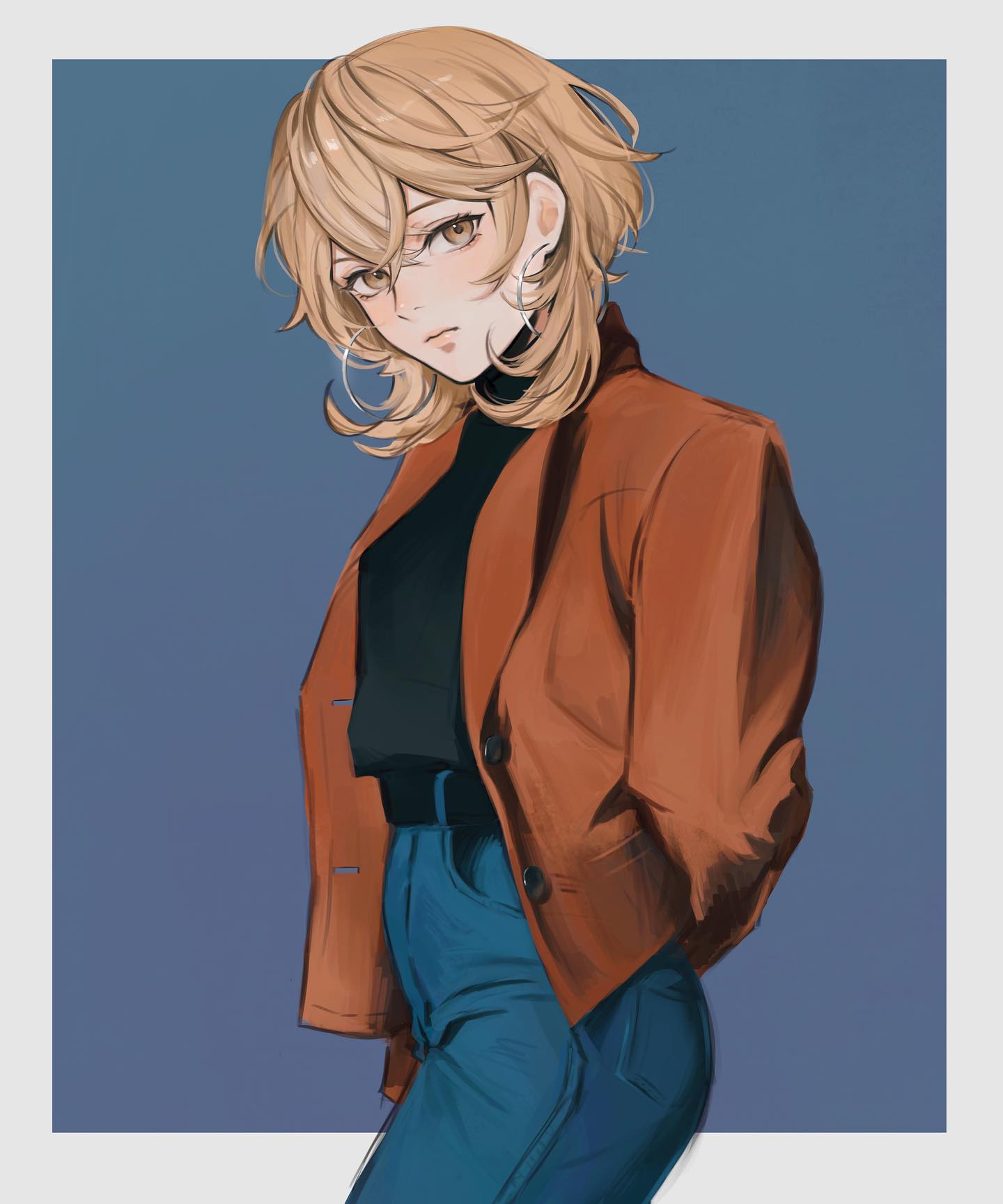 a digital painting of a young anime girl with blonde hair and glasses. she's wearing a brown jacket and blue jeans, standing against a simple blue background, and looking at the viewer. her expression is slightly curious.