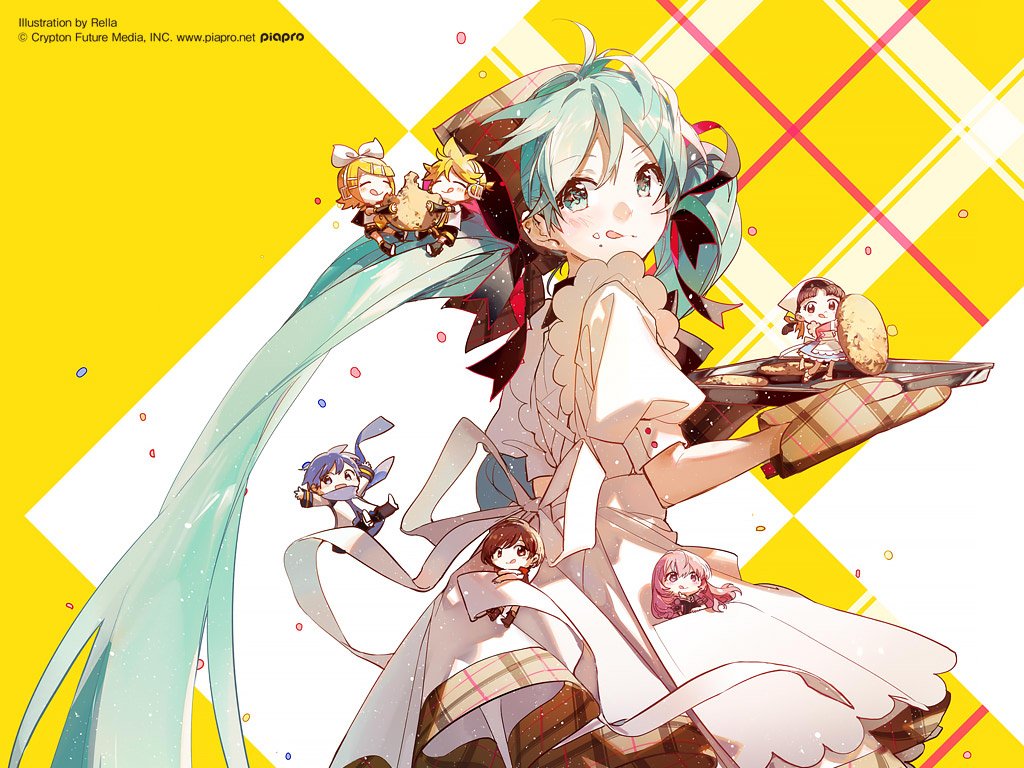 illustration of hatsune miku holding a tray of cookies while wearing a white apron. several other vocaloid characters in chibi form are around her, including rin and len kagamine, megurine luka, meiko and kaito. the background is yellow and white with a plaid pattern. the illustration is credited to reila.