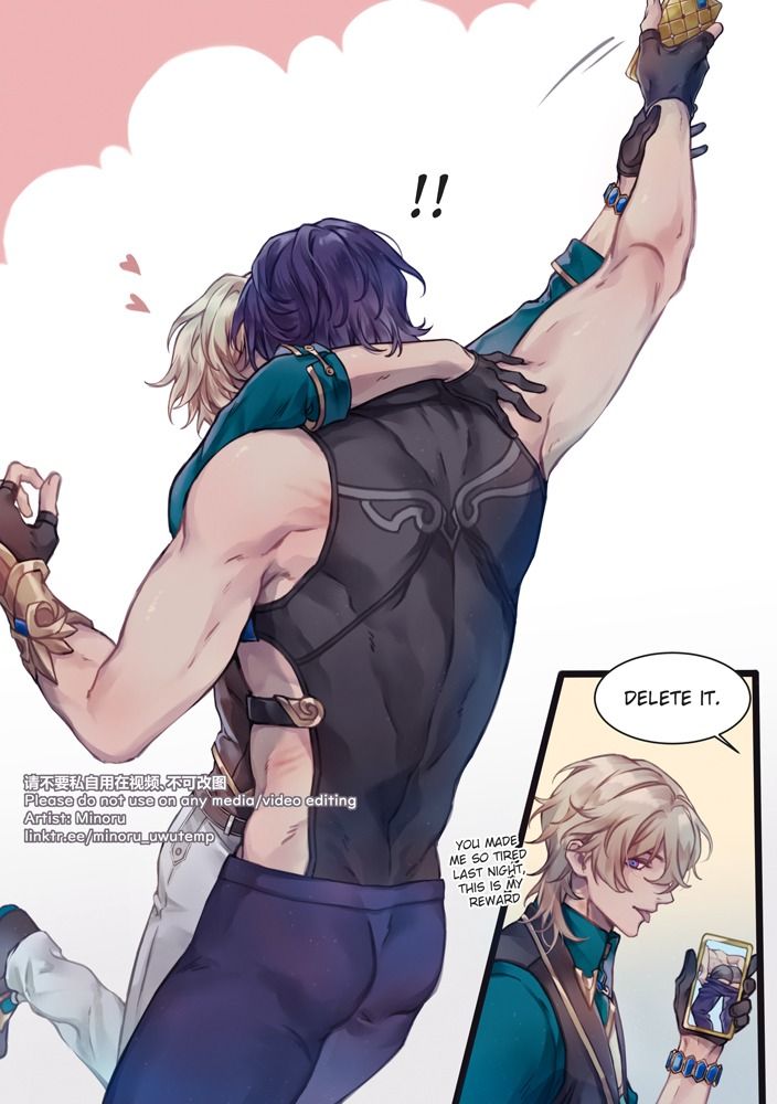 the image is a digital drawing/fanart in anime style depicting a passionate embrace between two young men. one has purple hair and is muscular, while the other has blonde hair and a more slender build. the purplehaired character is holding the blonde one in a back hug. the blonde character seems to be playfully holding up a small object (possibly a food item).  a smaller panel shows the blonde character looking at a picture on a cell phone that seems to be a picture of the two of them. text in the image indicates a request not to use the art for video editing and a caption from the blonde character implying the embrace is a reward. the overall mood is romantic and intimate.