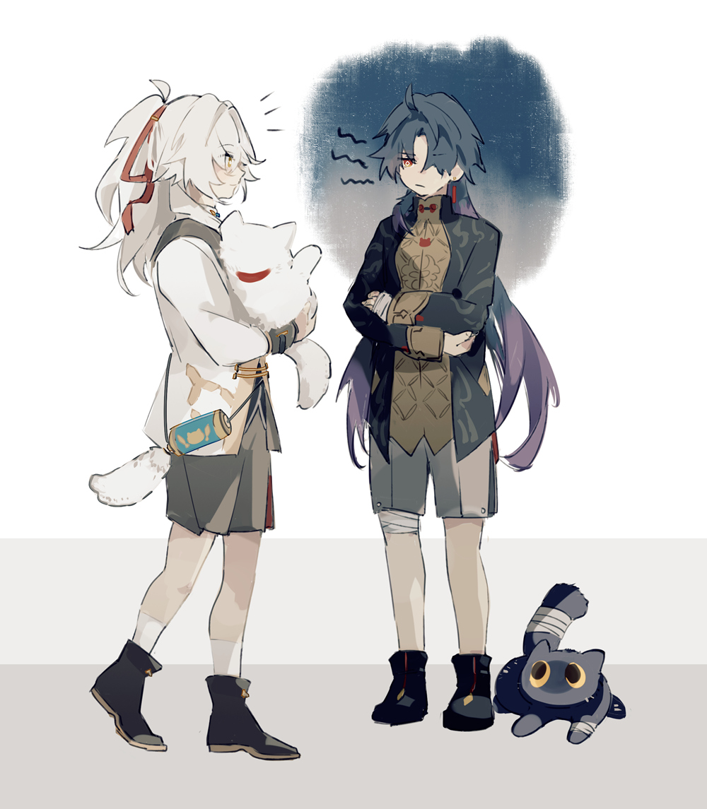 the image depicts two anime characters, a girl with white hair and a boy with purple hair, standing side by side. the girl is holding a white cat in her arms, and the boy is looking at her with an annoyed expression. there is a thought bubble above the boy's head with a series of wavy lines, suggesting he is feeling overwhelmed or bothered. the cat is looking at the boy, as if trying to understand the situation. the overall tone of the illustration is humorous and lighthearted, with a hint of playfulness between the characters. the image is rendered in a digital art style and incorporates soft, pastel colors and a whimsical aesthetic.