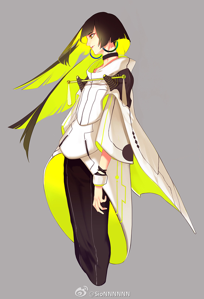 this anime drawing depicts a female character with long black hair that is styled in a way that resembles wings. the character is wearing a white and yellow outfit with black accents. they are standing with their head slightly tilted and one hand slightly resting on the other hand in a pose that suggests they are calm and composed.