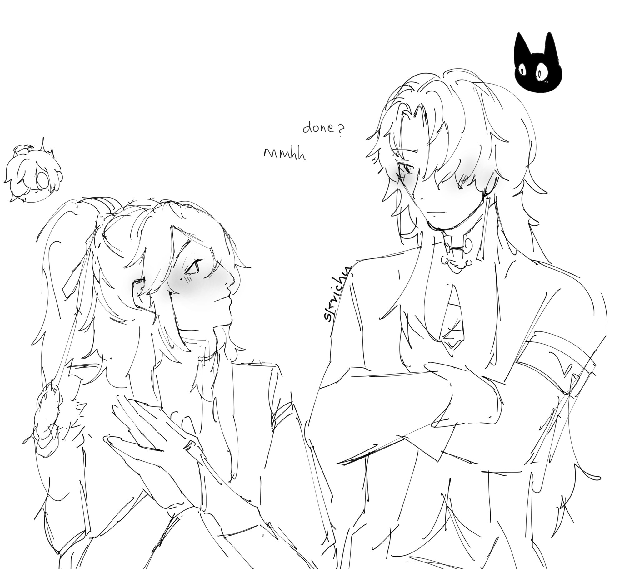 a black and white anime illustration of two people, a girl and a boy, with the boy with his arms crossed looking down and the girl looking at him and touching his arm.  the boy is saying "done?" and the girl is replying "mmhh".  the words "sirvicha" and a cat are in the background.
