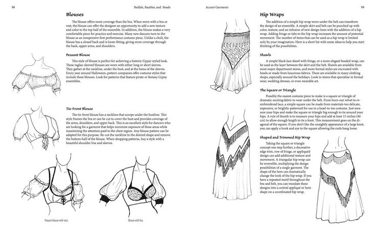 the image shows two pages of a book about belly dance costume design. on the left page are descriptions and illustrations of different blouse styles including the peasant blouse and the tiefront blouse. on the right page are descriptions and illustrations of different hip wrap styles including shawls, a square or triangle hip wrap and a shaped and trimmed hip wrap.