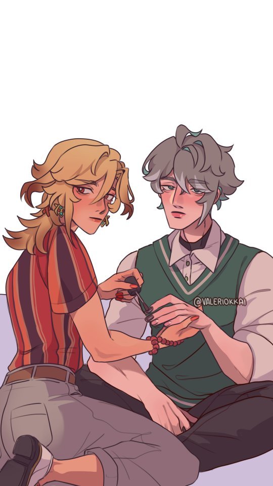 he image is a digital fanart illustration depicting two animestyle boys. one with long blonde hair is wearing a striped shirt and jeans, while the other, with short gray hair, is wearing a green sweater vest and dark pants. they are sitting close together, and the blondehaired boy is carefully painting the other boy's nails with red nail polish. the overall style is casual and intimate, suggesting a close relationship between the two characters.  the art is soft and colorful with a slightly muted palette.  the artist's signature is subtly included.