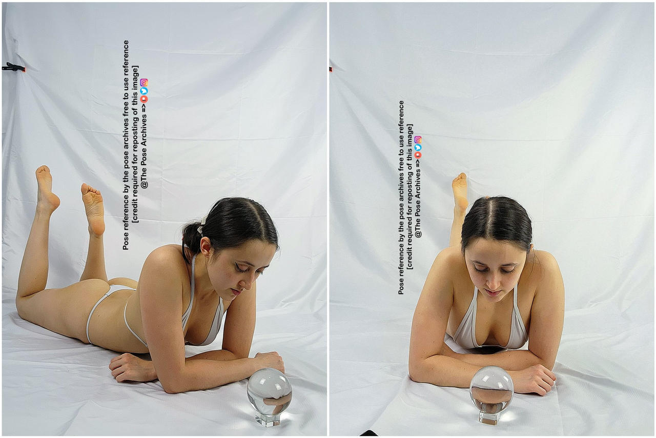 the image is a photographic diptych featuring the same young woman in a white bikini, lying on her stomach on a white background.  she rests her chin on her left hand, gazing at a clear crystal ball in front of her. the two images are near identical, with a slight shift in the woman's pose and head position. the background is consistently white, suggesting a studio setting, and the lighting is soft and even. the text on the image indicates it is a pose reference for artists, with credit required for reposting.