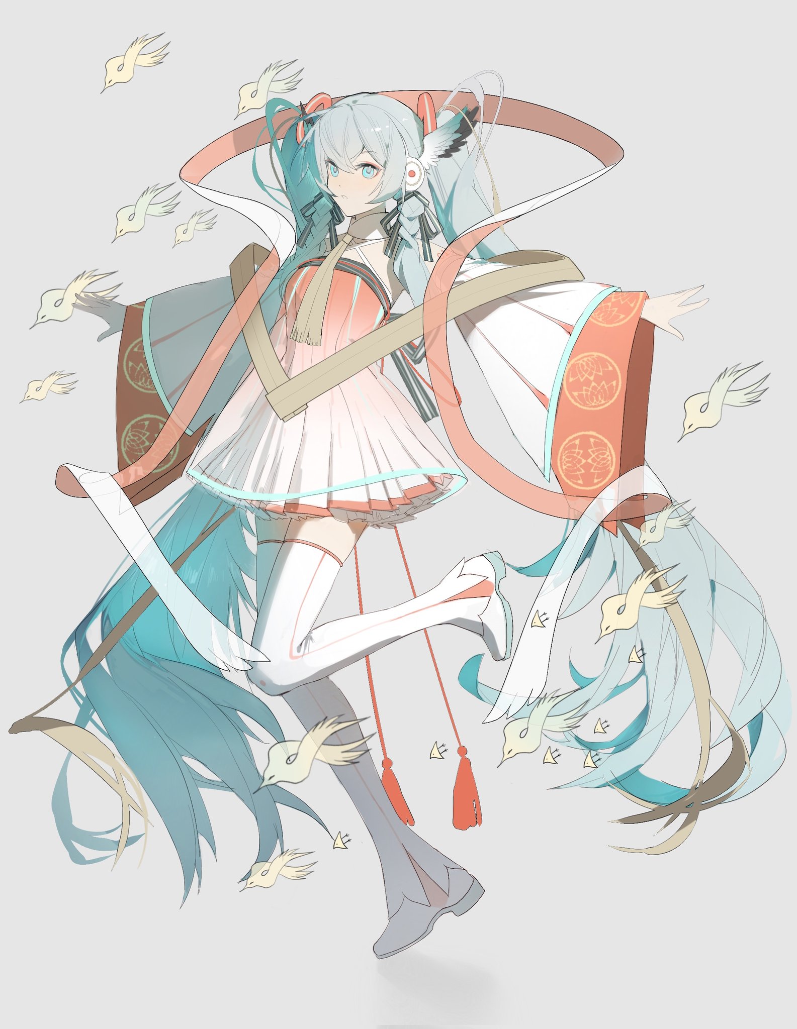 the image is a digital painting or illustration of hatsune miku, a popular vocaloid character.  she is depicted in a stylized, elegant pose, seemingly floating, with long, flowing teal hair and a flowing, pastelcolored kimonolike outfit adorned with orange accents. small, pale yellow birds are surrounding her, adding to the ethereal feel. the art style is soft and dreamy, with pastel colours dominating the palette. the overall impression is one of grace and fantasy.